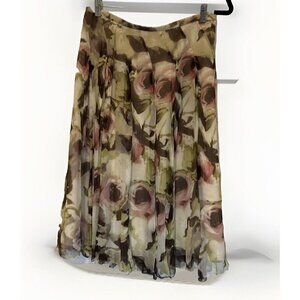 Coldwater Creek Floral Pleated‎ Midi Skirt Beige Brown  Rose Watercolor Garden M